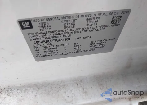 2015 Chevrolet Silverado 1500 1Lt из США, поврежденный, VIN 3GCUKREC0FG431168